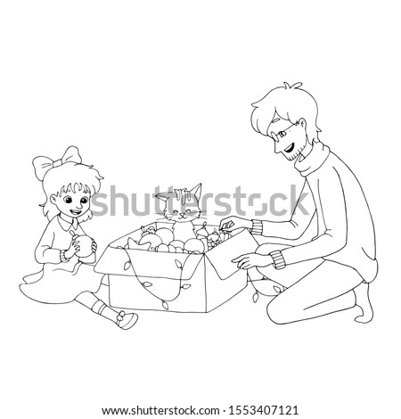 Dad and daughter unpack a box with Christmas tree toys. Cat sitting in a box. Isolated objects on white background. Black and white vector illustrations for coloring book.