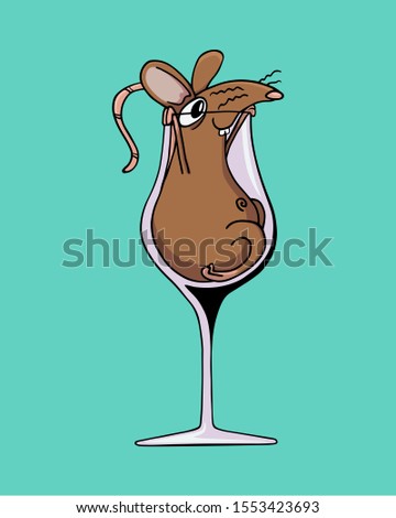 Brown rat or mouse sitting in a champaign glass and looking out of it. Vector Illustration isolated on flat blue background for kids book or for chinese new year of the rat. For children
