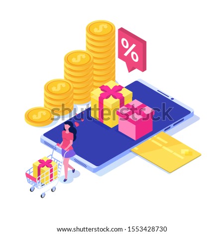 Discount, Loyalty card program and customer service. Vector isometric illustration.