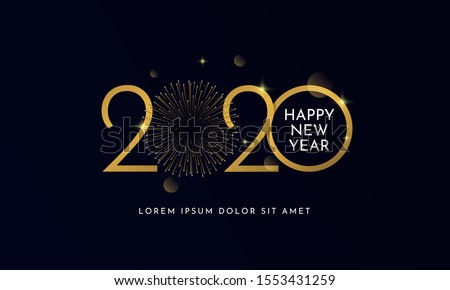 Happy new year 2020 typography text celebration poster design. glowing golden number with gold fireworks explosion element and dark sky background vector illustration. Royalty-Free Stock Photo #1553431259