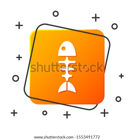 White Fish skeleton icon isolated on white background. Fish bone sign. Orange square button. Vector Illustration