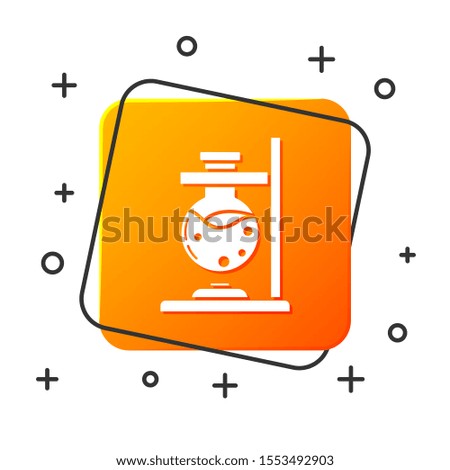 White Glass test tube flask on fire heater experiment icon isolated on white background. Laboratory equipment. Orange square button. Vector Illustration