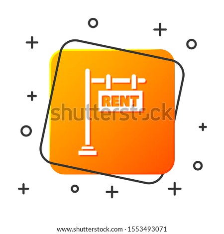 White Hanging sign with text Rent icon isolated on white background. Signboard with text Rent. Orange square button. Vector Illustration