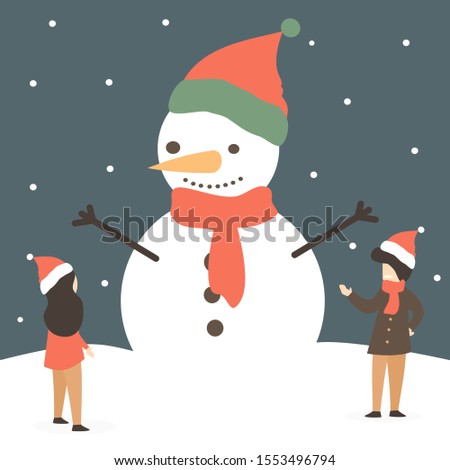 cute holidays vector illustration with happy tiny people and beautiful huge snowman