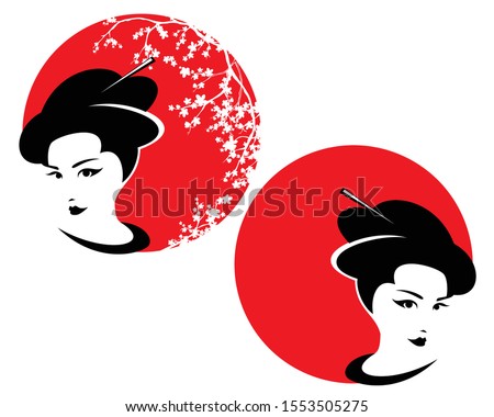 beautiful japanese geisha woman head against red sun and blooming sakura branches - vector outline design set