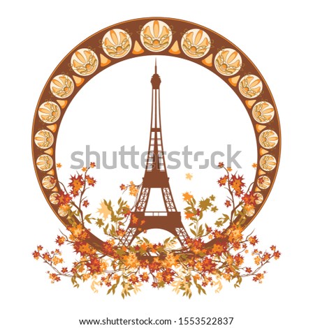 eiffel tower among autumn tree branches inside art nouveau style circle frame - fall season in Paris vector design