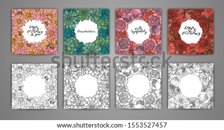 Nature background with flowers, rose, succulent, peony, lotus. Hand lettering happy birthday. Set of square greeting card template. Doodle style hand drawn illustration. Colorful and monochrome.
