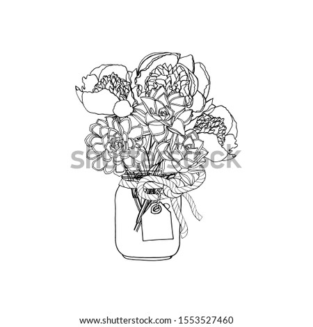 Hand drawn doodle style bouquet of different flowers: peony, succulents. isolated on white background. stock illustration