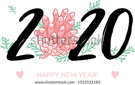 Christmas and new year 2020 holiday frame with pine branches and cones. Greeting card template. Vector illustration.