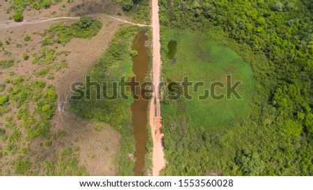 Close up aerial view of part of Transpantaneira dirt road with forest, meadows and lagoons, Pantanal Wetlands, Mato Grosso, Brazil
