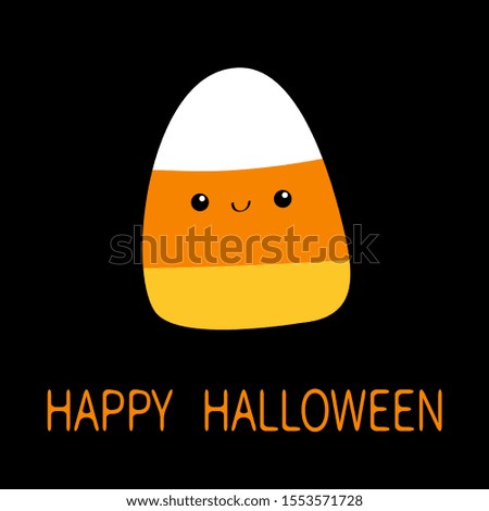 Candy corn with face. Cute cartoon kawaii funny baby character. Happy Halloween card. Flat design. Black background. Isolated