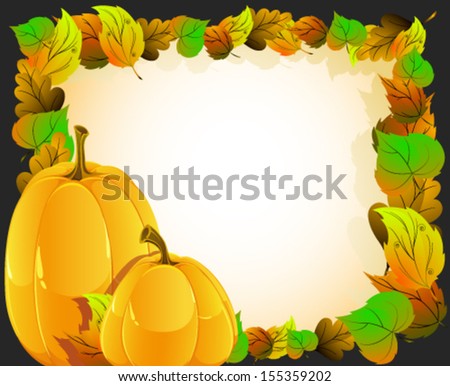 Two pumpkins on a background of autumn leaves. Halloween Greeting Card