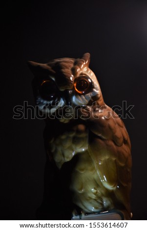 Dark picture with an owl sculpture, focus is on the head