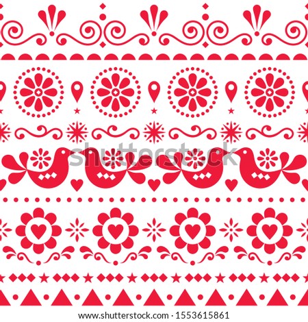 Seamless Scandinavian olk art vector pattern, cute repetitive design with birds and flowers . Retro cute floral ornament in red on white, Nordic ethnic decoration, textile design
