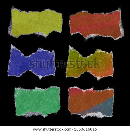 colourful set of crumpled paper stickers with teared edges on black background for your poster idea. cool design elements.