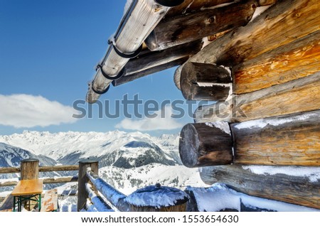 Ski hut rest place with benches and tables, scenic view at Silvretta Montafon