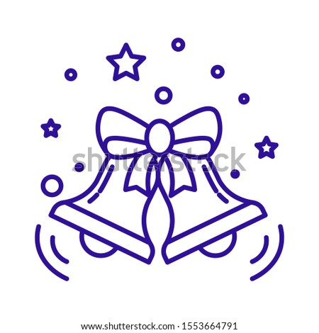 Christmas bells icon. Ringing music instrument decorated with bow. Carol, stars and snow. Winter holidays traditional elements. Blue color. Linear flat graphic vector illustration on white background.