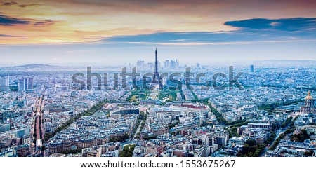 banner of aerial view over Paris at sunset with iconic Eiffel tower