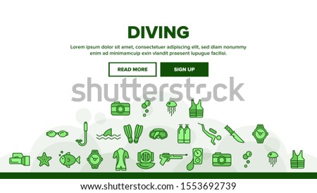 Scuba Diving Equipment Landing Web Page Header Banner Template Vector. Summer Vacation, Diving Water Sport. Active Sea Holiday. Extreme Activity, Snorkeling Illustration