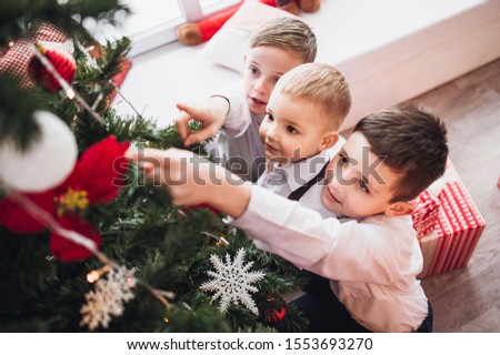 little boys decorate Christmas tree, they touch different decorations and lights