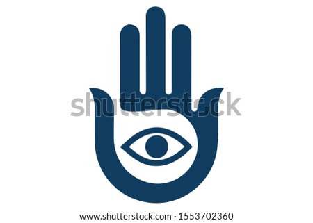Abstract Multicolored illustration of a Hamsa hand with Evil Eye symbol.  Hand of Fatima religious sign with all seeing eye. Vintage bohemian style. Vector illustration in doodle zentangle style Royalty-Free Stock Photo #1553702360