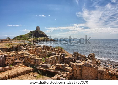 Archaeological site of Nora and Torre del Coltellazzo, Sardinia, Italy Royalty-Free Stock Photo #1553707370