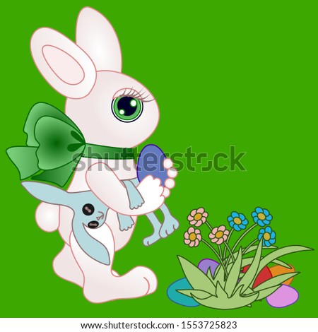 Easter bunny with a green bow on his neck stands near the flowers, under which painted eggs lie, and holds a toy hare under his arm, vector clip art on a green background