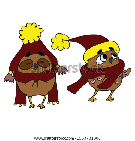 Hand drawn.Holiday.Two funny brown owls with hats and scarves around their necks.