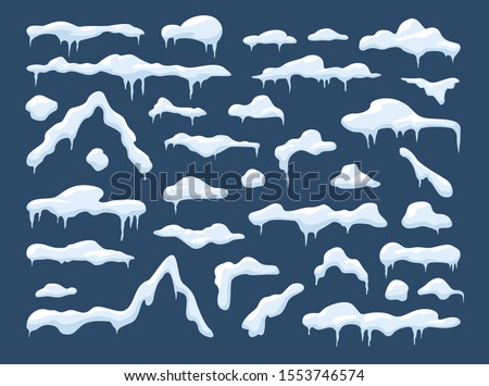 Winter decoration set with snow caps with trailing icicles and snowballs in a large assortment of shapes and sizes on a blue background for use as design elements, vector illustration Royalty-Free Stock Photo #1553746574