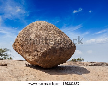Krishna's butterball -  balancing giant natural rock stone. Mahabalipuram, Tamil Nadu, India Royalty-Free Stock Photo #155383859
