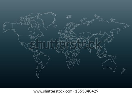 White outline world map. Flat template for banner, poster, web-site, report, infographic. Black gradient background.Globe similar worldmap silhouette. Travel concept. EPS10 illustration