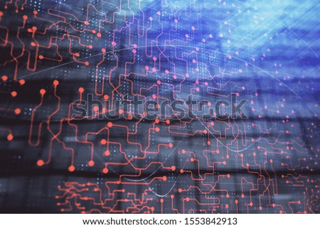 Tech theme hologram and abstract background. Double exposure. Concept technology