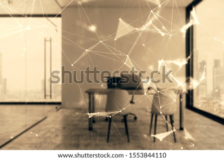 Tech theme abstract hologram and minimalistic cabinet interior background. Double exposure. High technology concept.