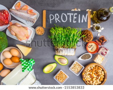 High protein food - meat, fish, poultry, nuts, dairy products, eggs, micro greens, beans, avocado, oil, oat, seeds Products goof for healthy hair
