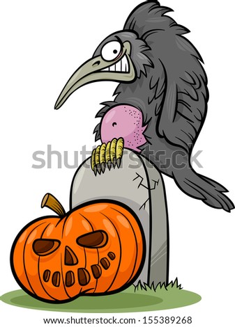 Cartoon Vector Illustration of Spooky Raven or Crow on the Grave with Halloween Pumpkin