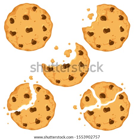 Traditional cookies with chocolate crisps. Bitten, broken, cookie crumbs. Vector illustration in cartoon flat style.