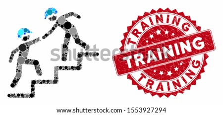 Collage workers help and distressed stamp seal with Training phrase. Mosaic vector is composed with workers help icon and with randomized circle spots. Training stamp seal uses red color,