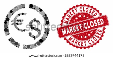 Mosaic currency diagram and corroded stamp seal with Market Closed text. Mosaic vector is formed with currency diagram icon and with randomized spheric spots. Market Closed stamp seal uses red color,