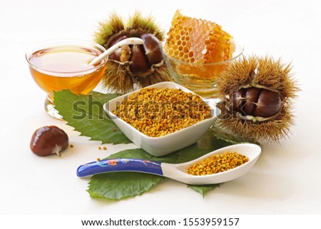 Chestnuts, chestnut honey and pollen in cocoons on a white background.