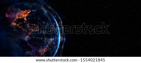 Communication technology for internet business. Global world network and telecommunication on earth cryptocurrency and blockchain and IoT. Elements of this image furnished by NASA Royalty-Free Stock Photo #1554021845