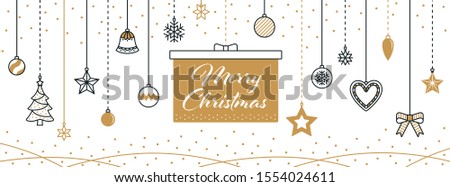 Merry Christmas. Winter Holiday greeting card with calligraphy text and vector icon design elements, usable as web and facebook banner, greeting card, gift package, vector illustration,  in gold color
