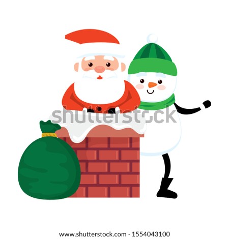 merry christmas santa claus with snowman in chimney vector illustration design