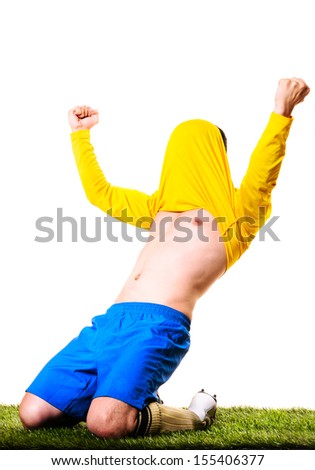 happy football or soccer player with jersey on his head isolated on white background