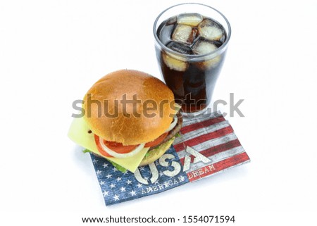 burger with beef and glass of cola on a white background