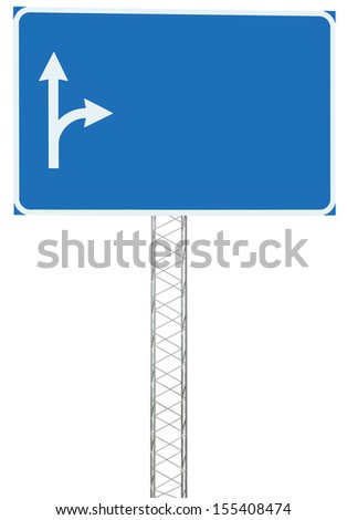 Motorway Road Junction Driving Direction Info Sign Panel Signboard, Large Isolated Blank Empty Blue Copy Space Roadside Traffic Signage Pole Post, White Route Arrows, Reinforced Signpost