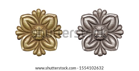 Golden and silver decorative element with floral pattern isolated on white background. Design element with clipping path
