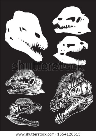 Graphical set of silhouettes of  dinosaur skulls isolated on black background,vector illustration 