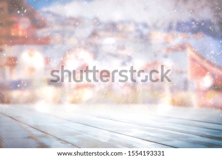 Table background of free space for your decoration and winter landscape of snow and frost. Copy space. 