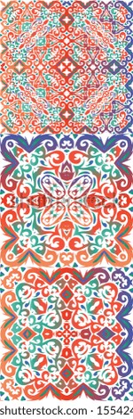 Antique mexican talavera ceramic. Kit of vector seamless patterns. Geometric design. Red floral and abstract decor for scrapbooking, smartphone cases, T-shirts, bags or linens.