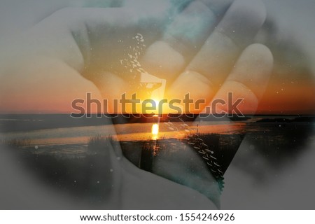 Beautiful Catholic Jesus Christ Art With Gold Cross In Hand With Sunrise Nature Background 